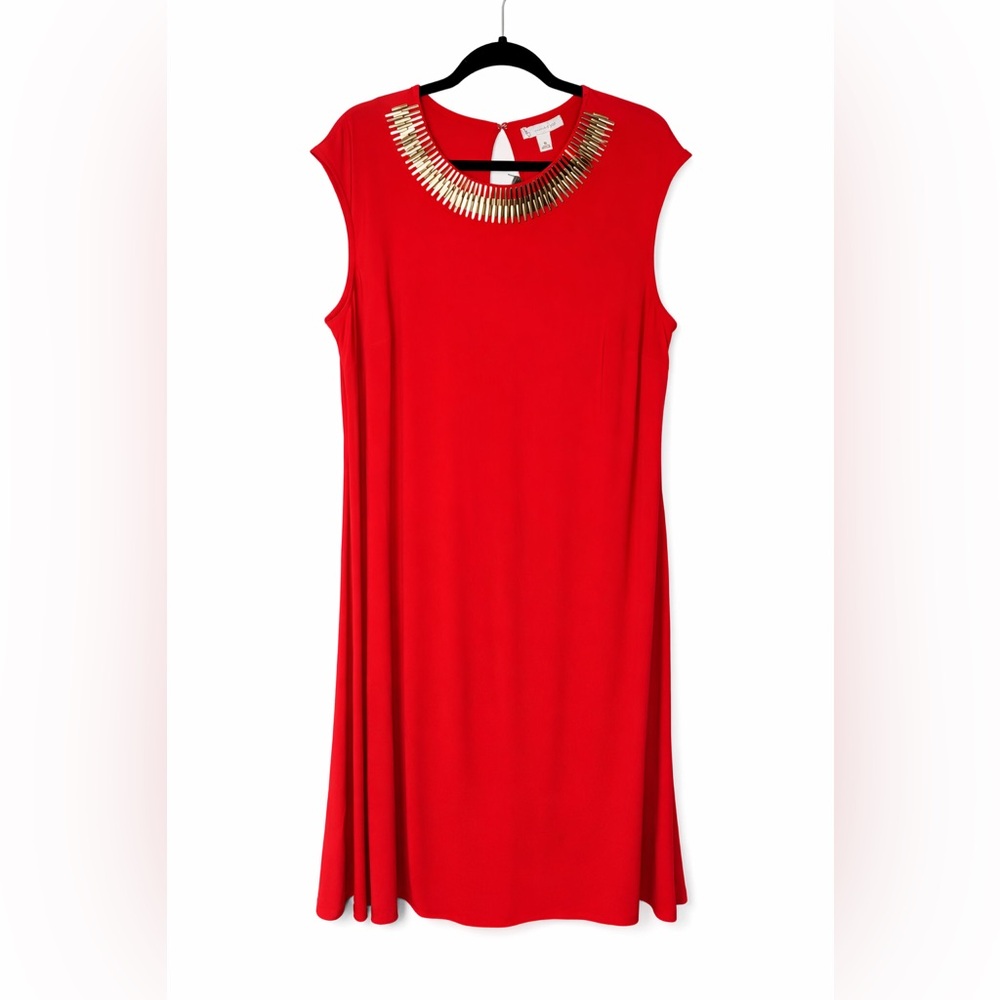DressBarn XL Red‎ Shift Dress Gold Statement Collar Keyhole Back Party